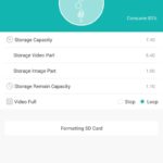 SDカードの容量表示とSDカードが満杯になった場合の動作指定画面（Stop：停止　Loop：上書き）